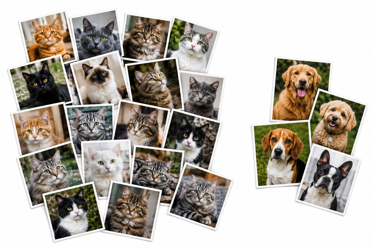 Many photos of cats on the left, a few photos of dogs on the right